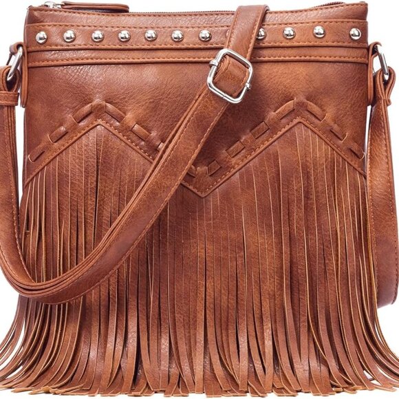 Vegan Leather Crossbody Bag with Rivets Tassel Purse for Women, Small Capacity - Picture 1 of 6
